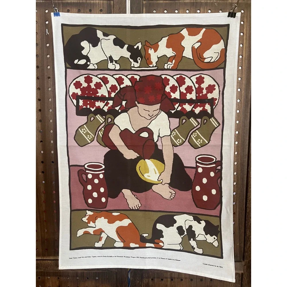János Vaszary Little Girl With Kitten cotton tapestry V&A collectible 28x19